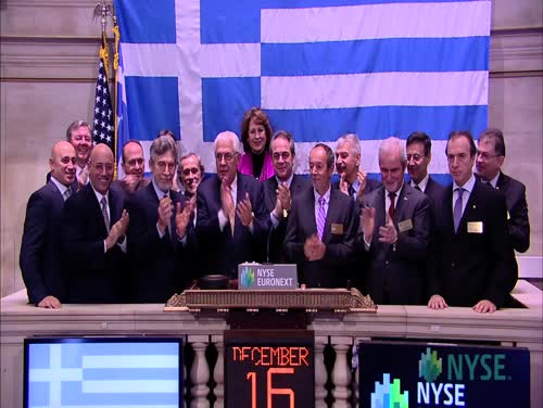 Η Ελληνική Αντιπροσωπεία χτυπά το καμπανάκι λήξης εργασιών της συνεδρίασης του Χρηματιστηρίου της Ν.Υ. στο πλαίσιο της 9ης Ετήσιας "Ημέρας της Ελλάδος", 16.12.13